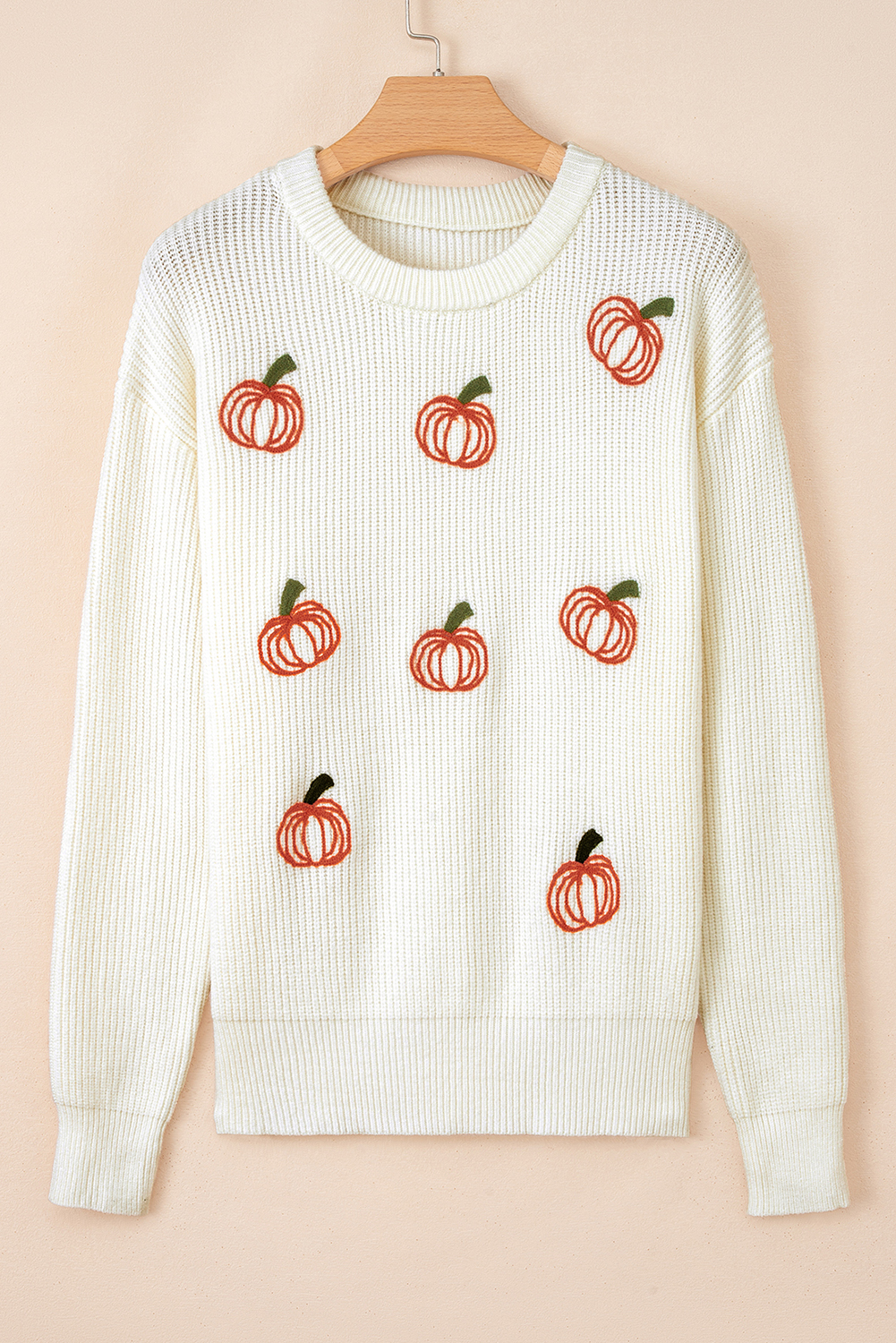 Beige Pumpkin Embroidered Ribbed Thanksgiving Halloween Holiday Sweater - Image 4