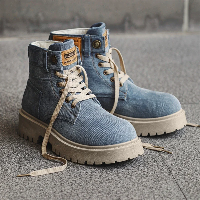 Cowboy boots new autumn thick soled Martin boots fashionable retro washed high top big toe shoes for men - Image 4