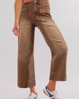 Brown Flap Pockets Front Straight Cropped Jeans