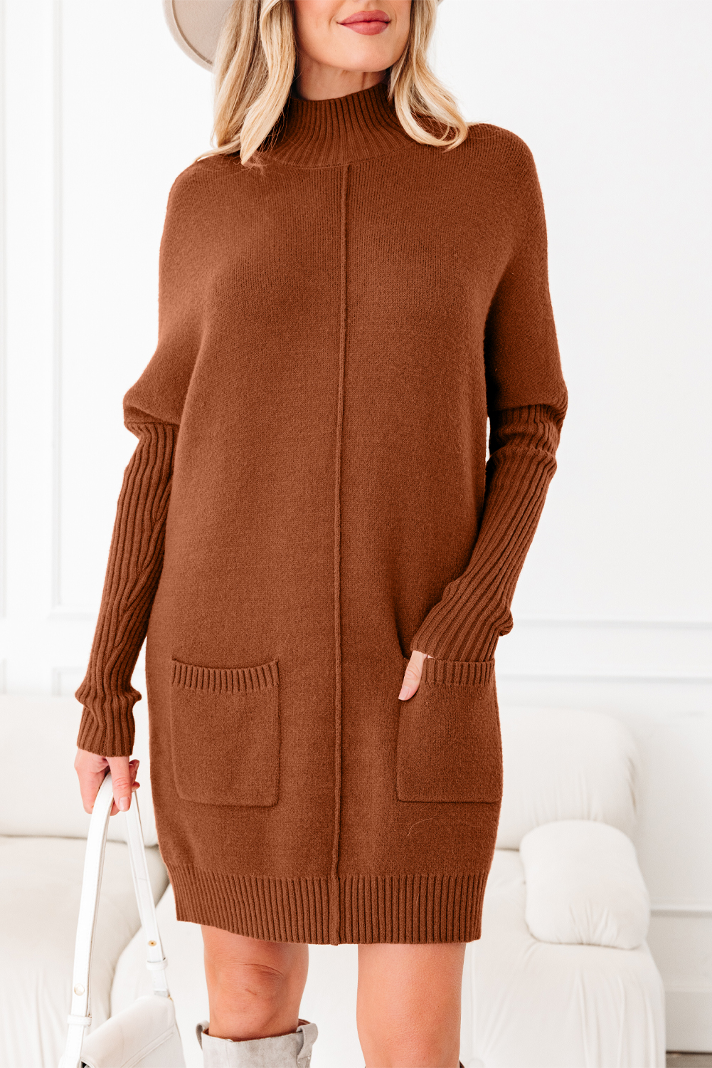Chestnut Ribbed High Neck Front Pockets Center Seam Shift Sweater Dress - Image 5