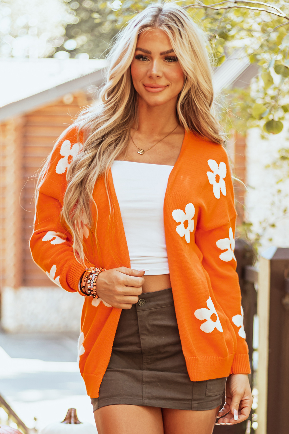Orange Floral Print Knitted Open Front Loose Cardigan - Image 5