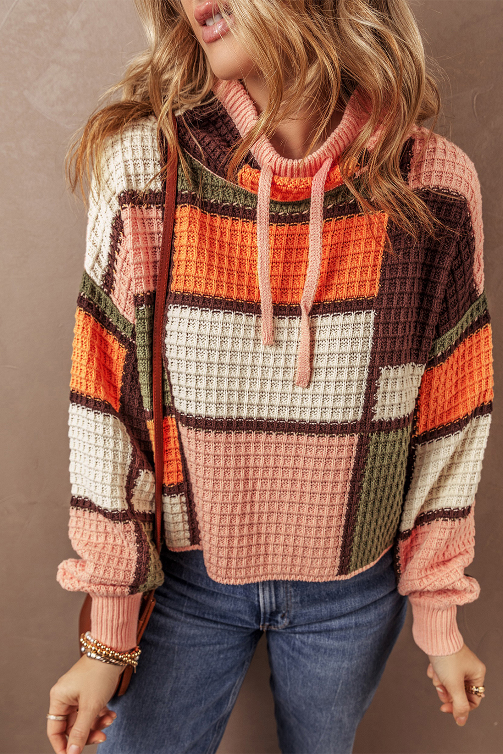 Orange Color Block Waffle Knit Drawstring Mock Neck Sweater - Image 5