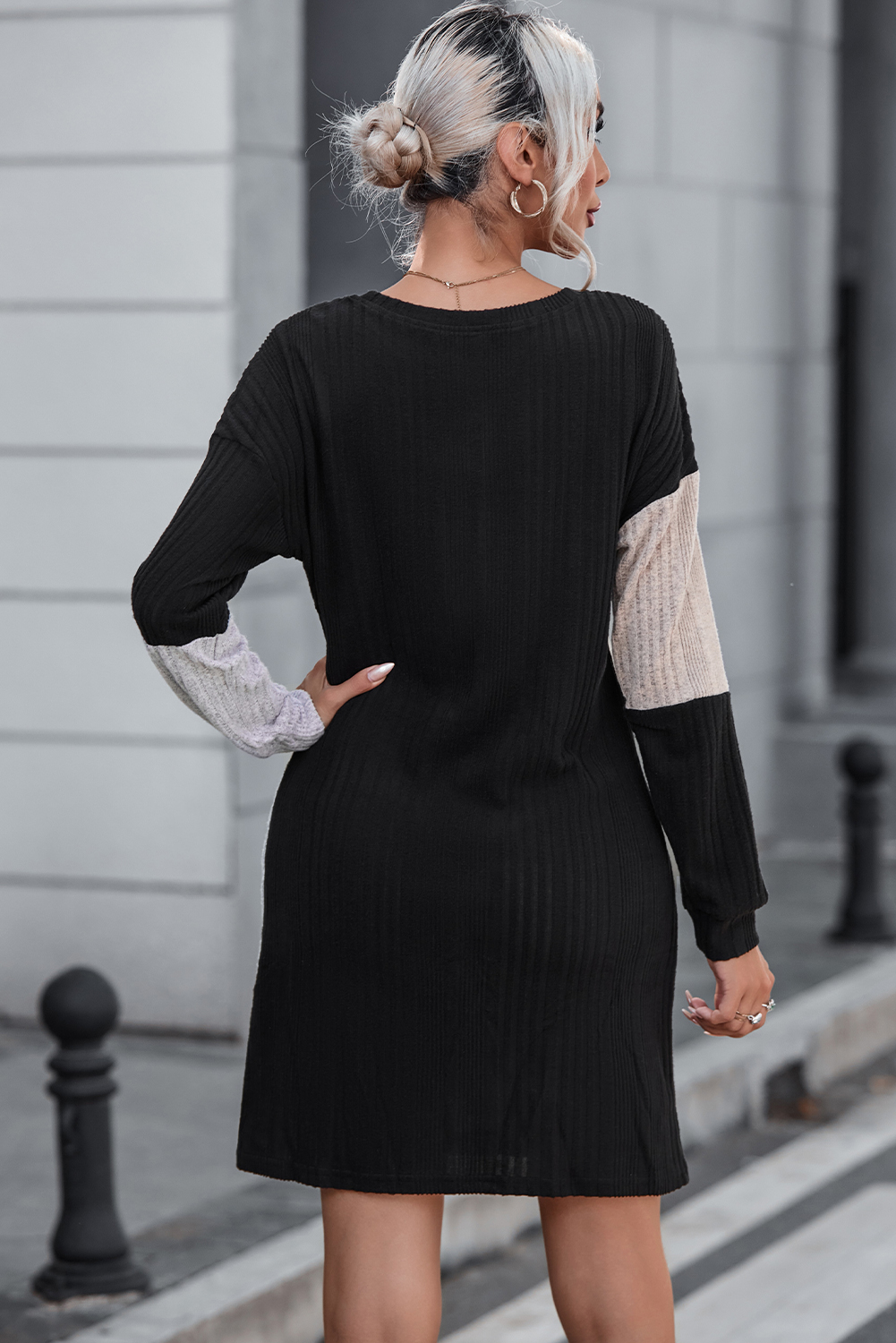 Black Ribbed Color Block Drop Shoulder Long Sleeve Mini Dress - Image 8