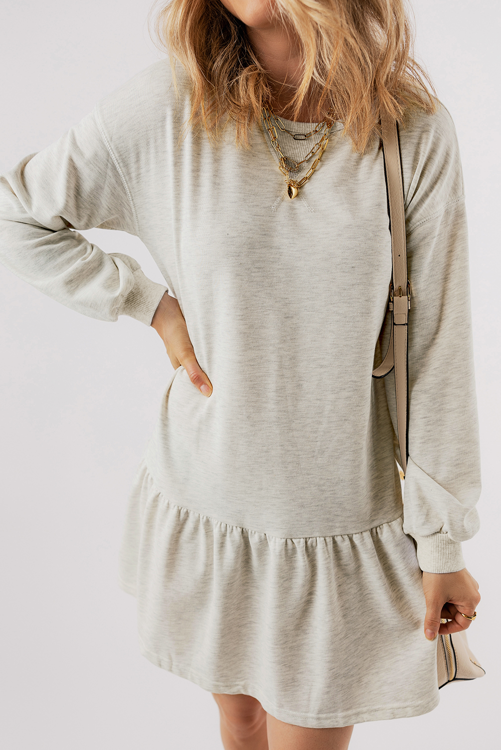 White Solid Color Puff Sleeve Ruffle Hem Mini Dress - Image 4