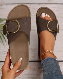 Coffee Buckle Decor Faux Suede Thick Sole Slippers