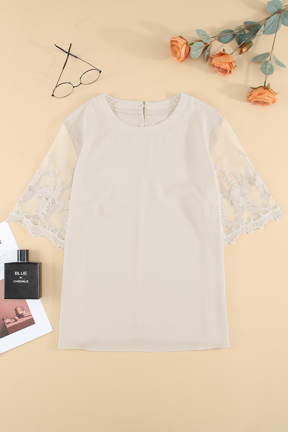 White Floral Lace Sleeve Patchwork Top - Image 5