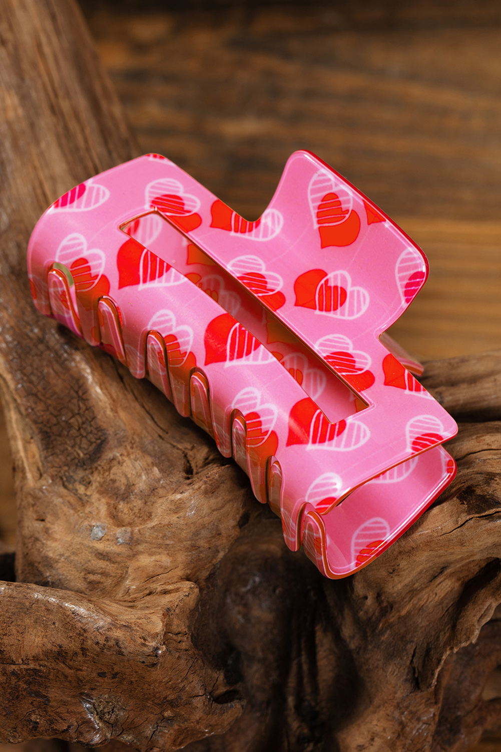 Pink Double Heart Printed Valentines Fashion Hair Claw - Image 3