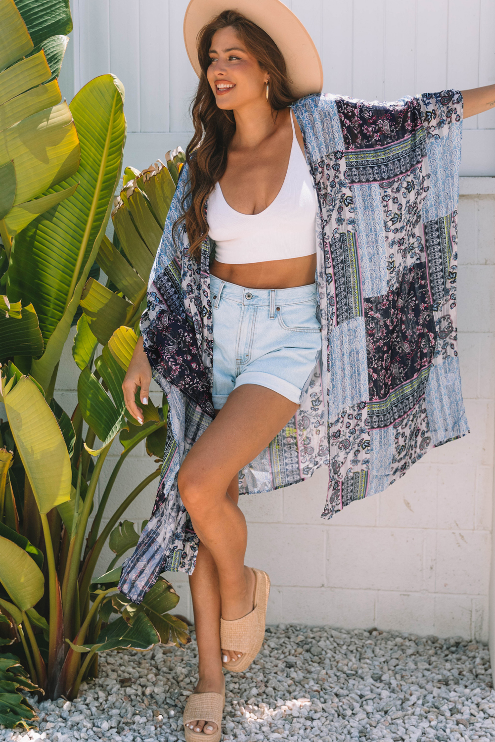 Blue Retro Floral Print Long Loose Open Front Kimono - Image 4