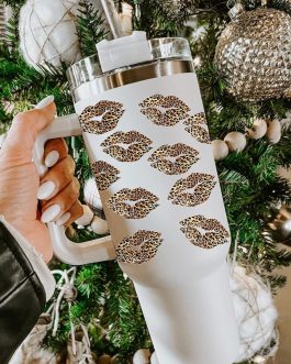 White Valentine Leopard Lips Print Thermos Cup with Straw 40oz