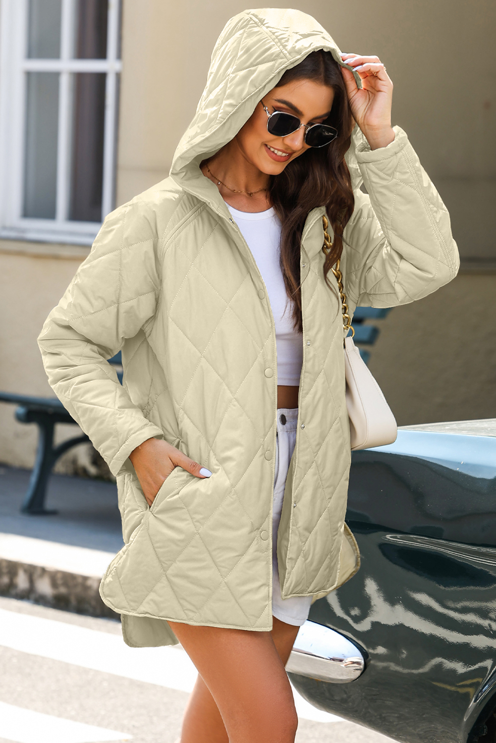 Beige Quilted Snap Button Hooded Coat - Image 3