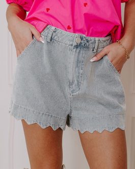 Dusk Blue Scalloped Hemline Acid Wash High Waist Denim Shorts