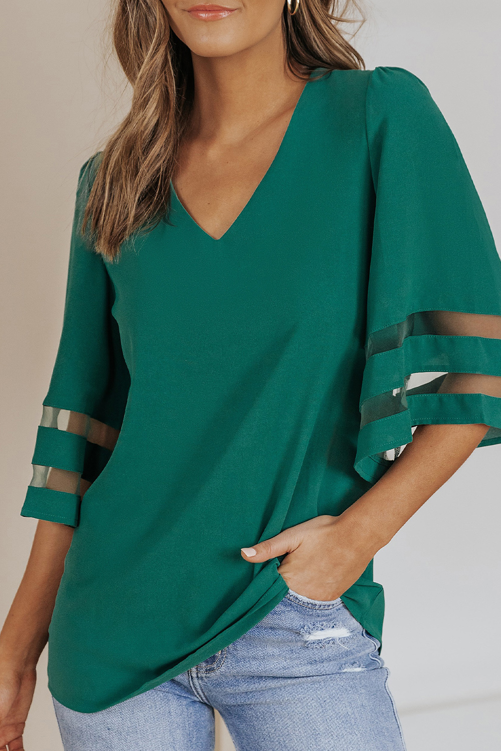 Green Flare Sleeve V Neck Loose Blouse - Image 8