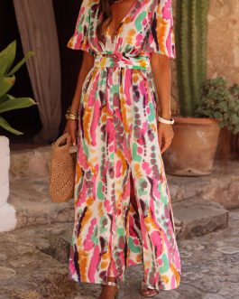 Pink Boho Tie-dye Print V Neck Maxi Dress