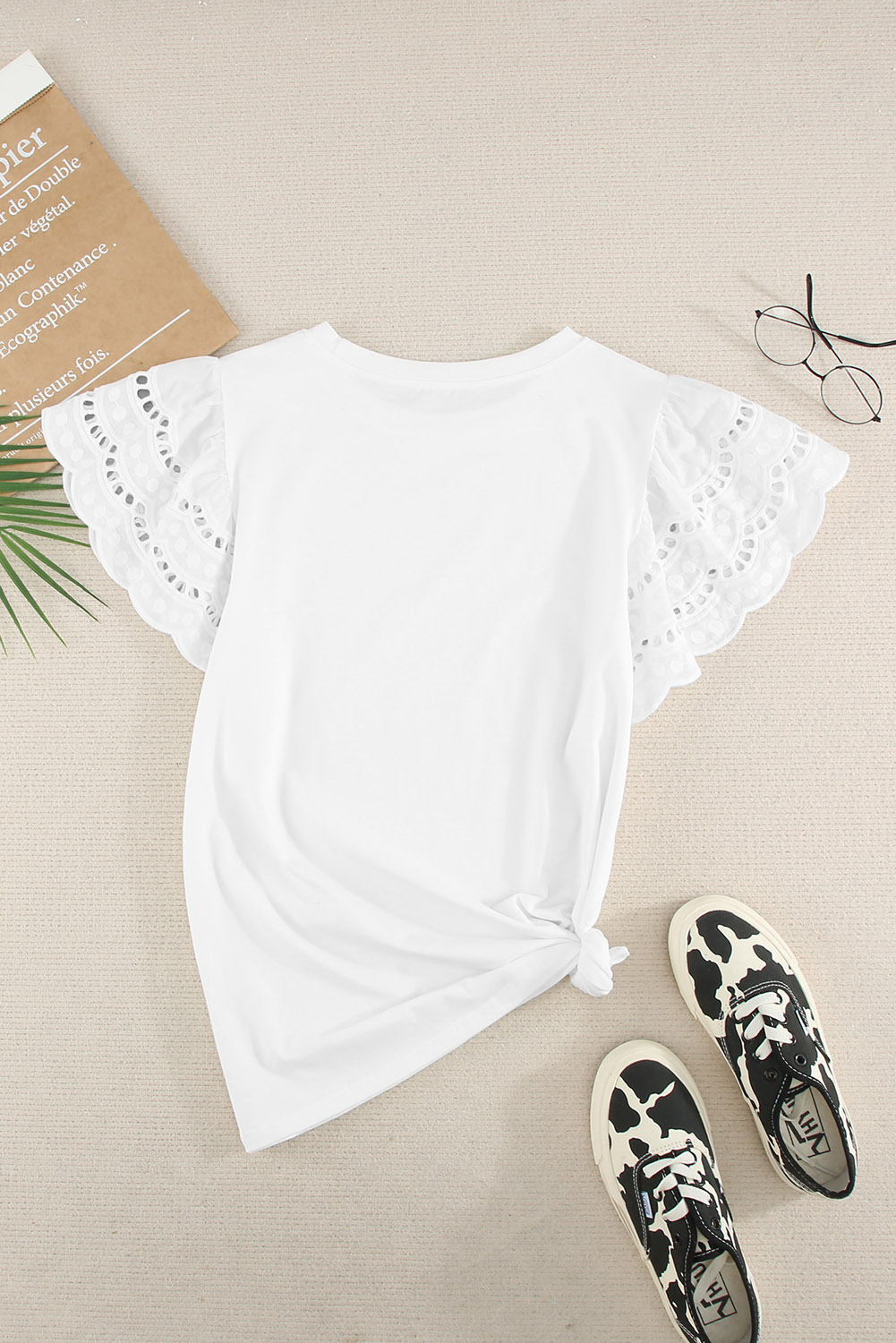 White Hollow Out Ruffle Sleeve T-shirt - Image 6