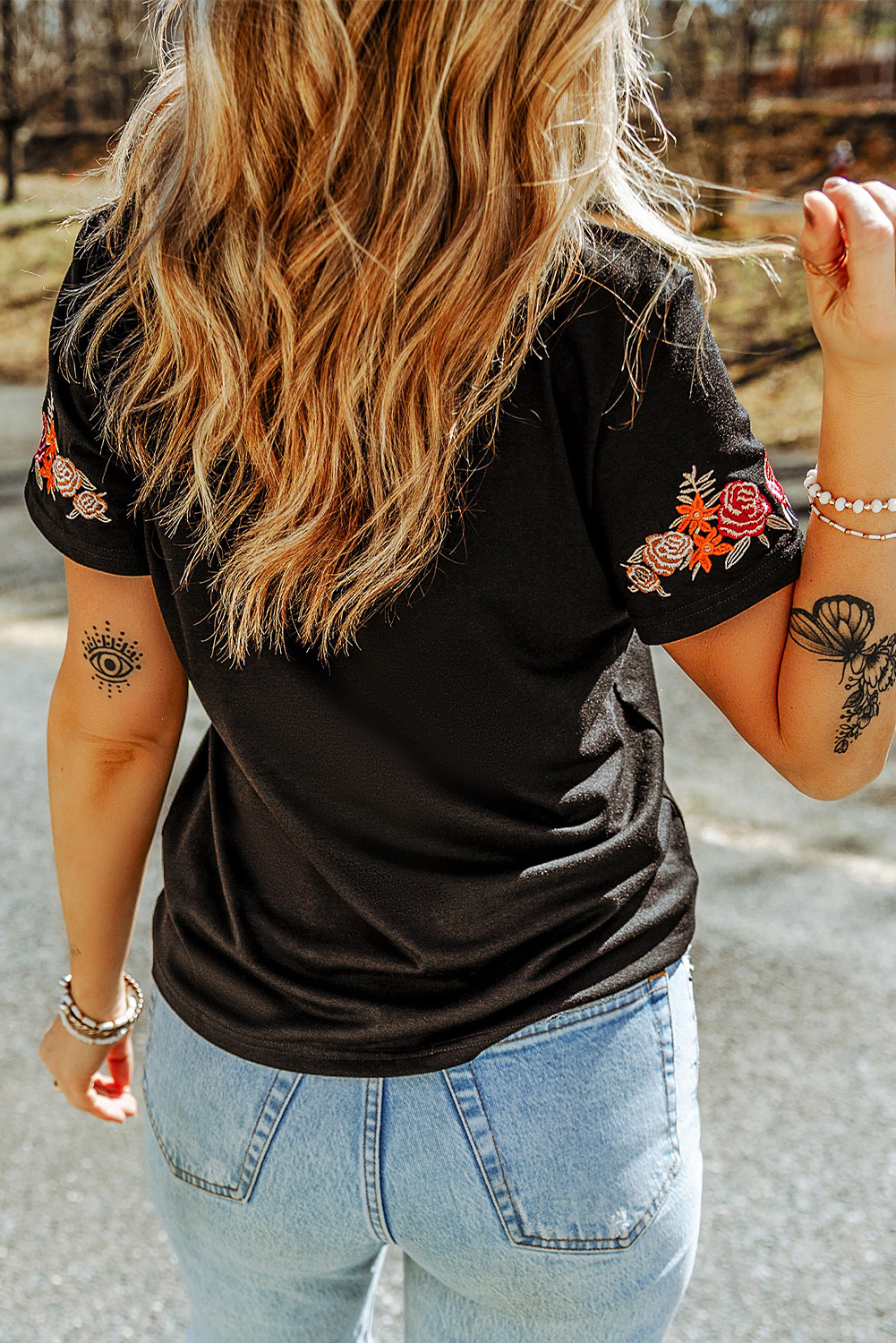 Black Floral Embroidered Round Neck Short Sleeve T Shirt - Image 2