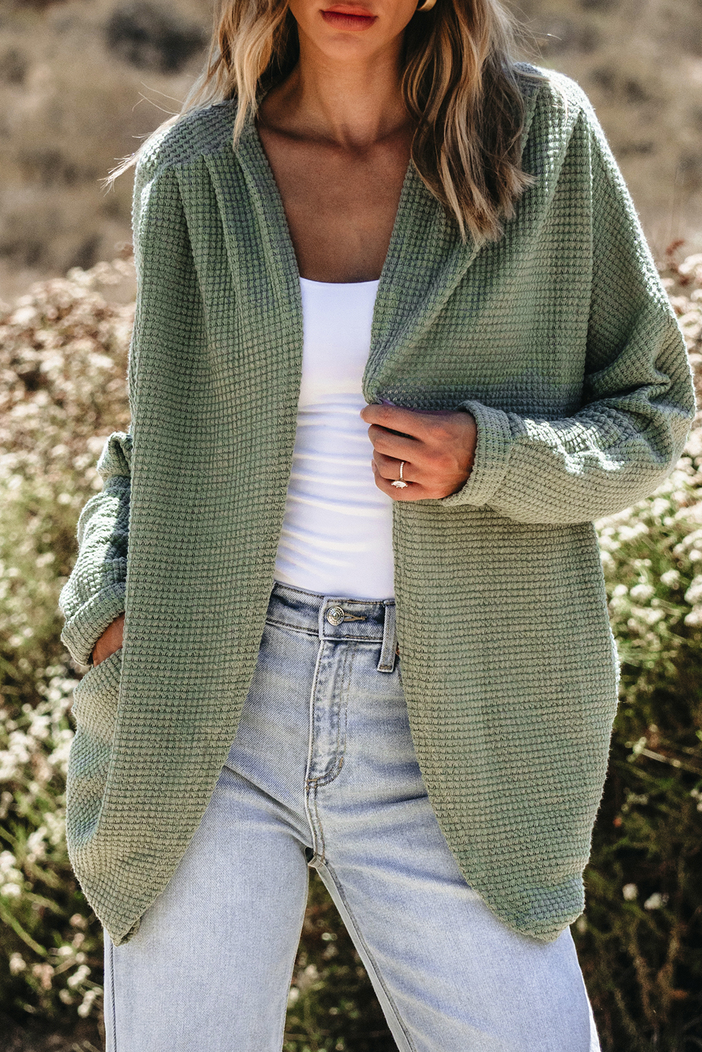 Laurel Green Waffle Knit Open Front Cardigan - Image 7