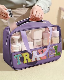Purple TRAVEL Chenille Letter Clear PVC Makeup Bag