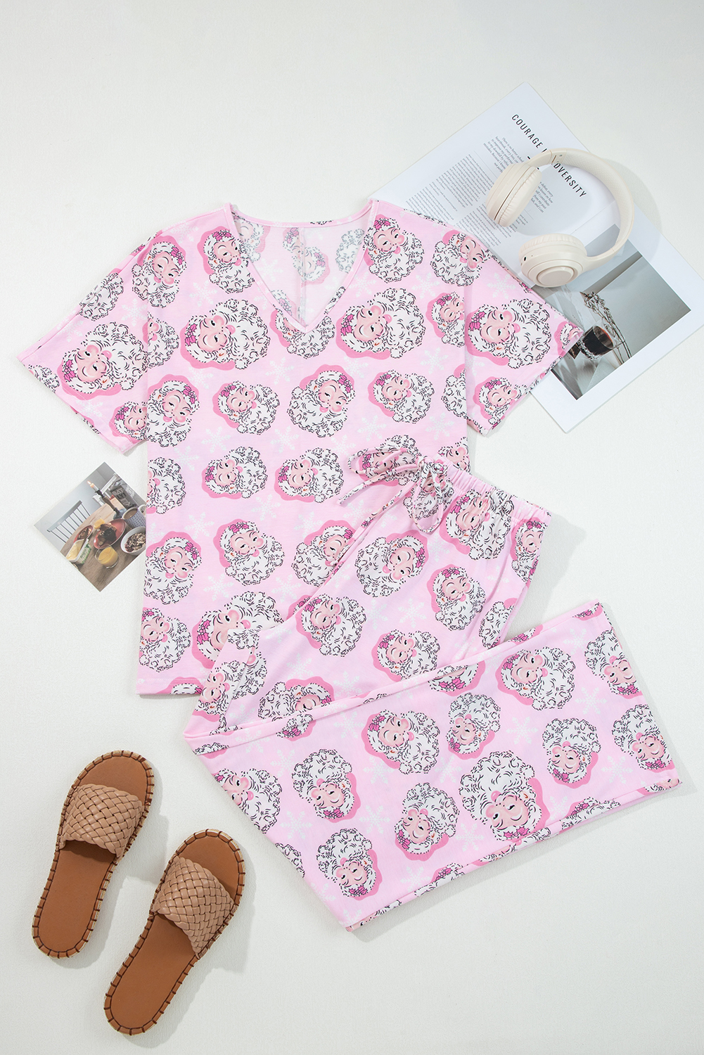 Pink Santa Claus Print V Neck Tee Drawstring Pants 2pcs Lounge Set - Image 3