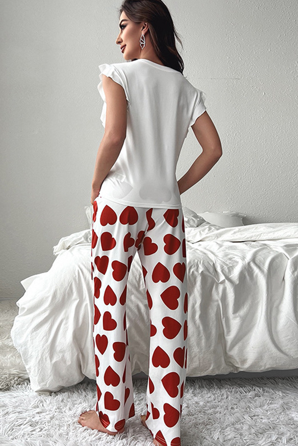 Red Ruffled Tank Top And Heart Print Pants Lounge Set - Image 2