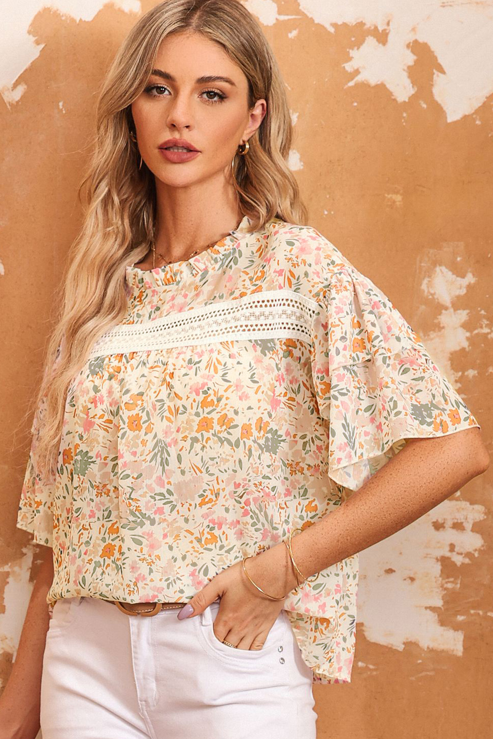 Multicolor Floral Print Wide Ruffle Sleeves Blouse - Image 6