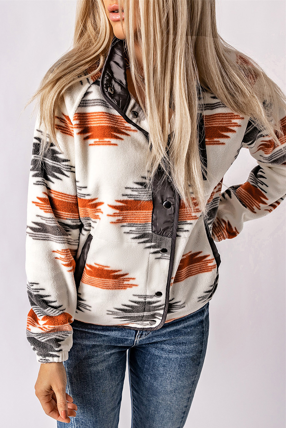 Gray Western Aztec Snap Buttoned Fleece Jacket - Image 4