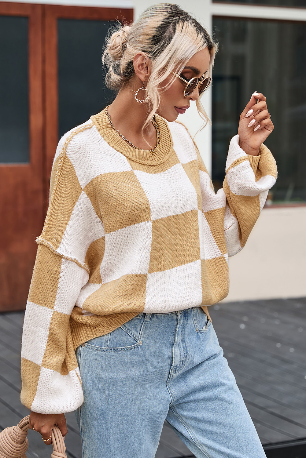 Khaki Checkered Bishop Sleeve Sweater - Image 8