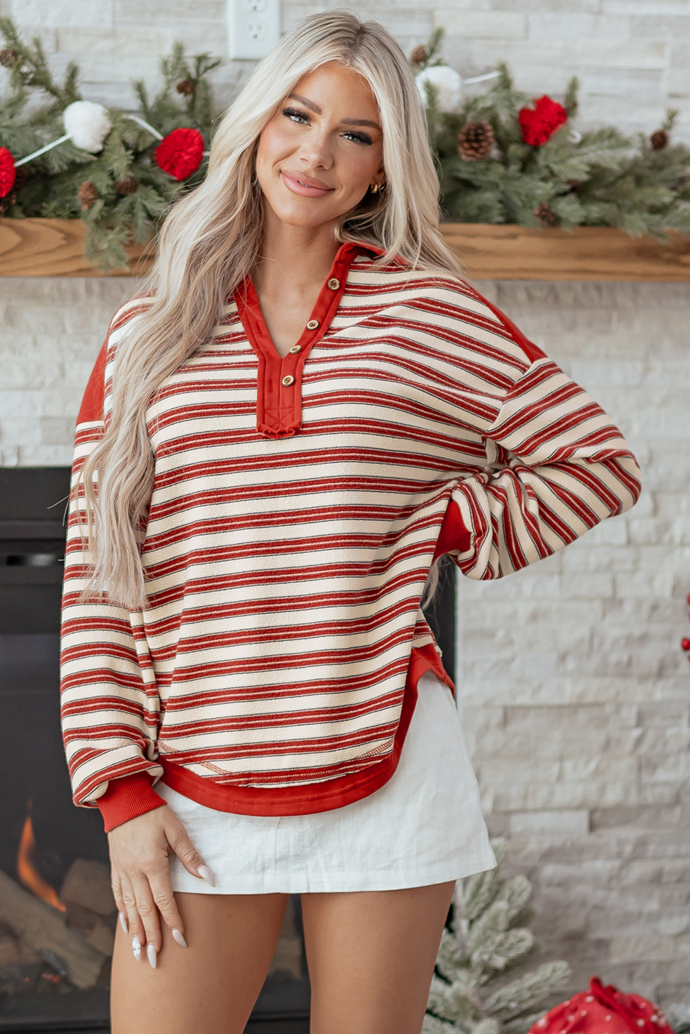 Red Stripe Buttoned V Neck Collared Drop Shoulder Top - Image 5