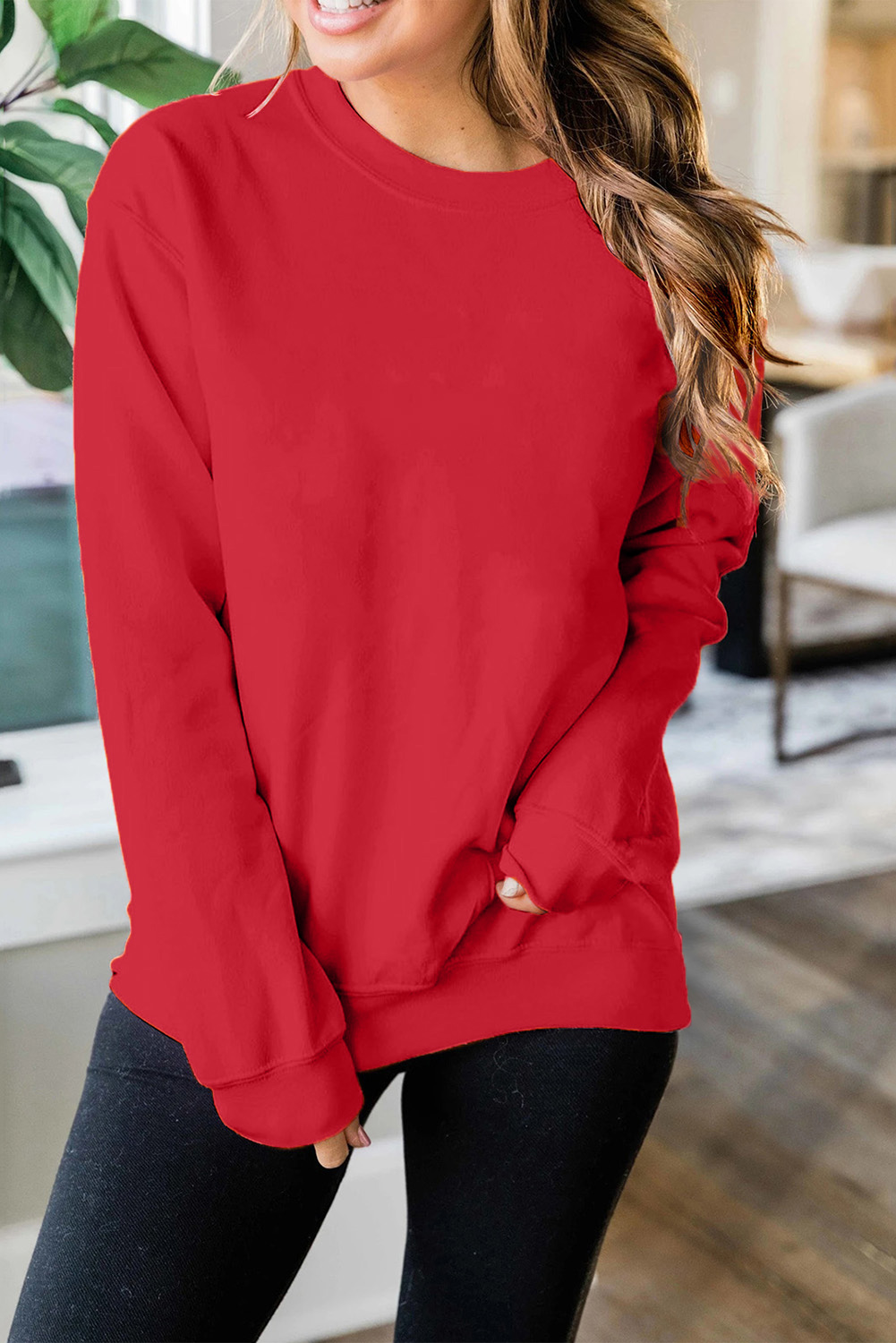 Red Plain Crew Neck Pullover Sweatshirt - Image 8