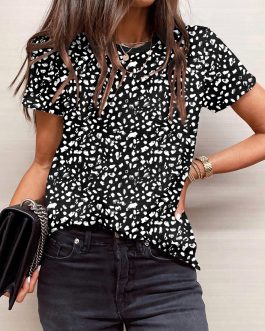 Black Cheetah Print O-neck Short Sleeve T Shirt