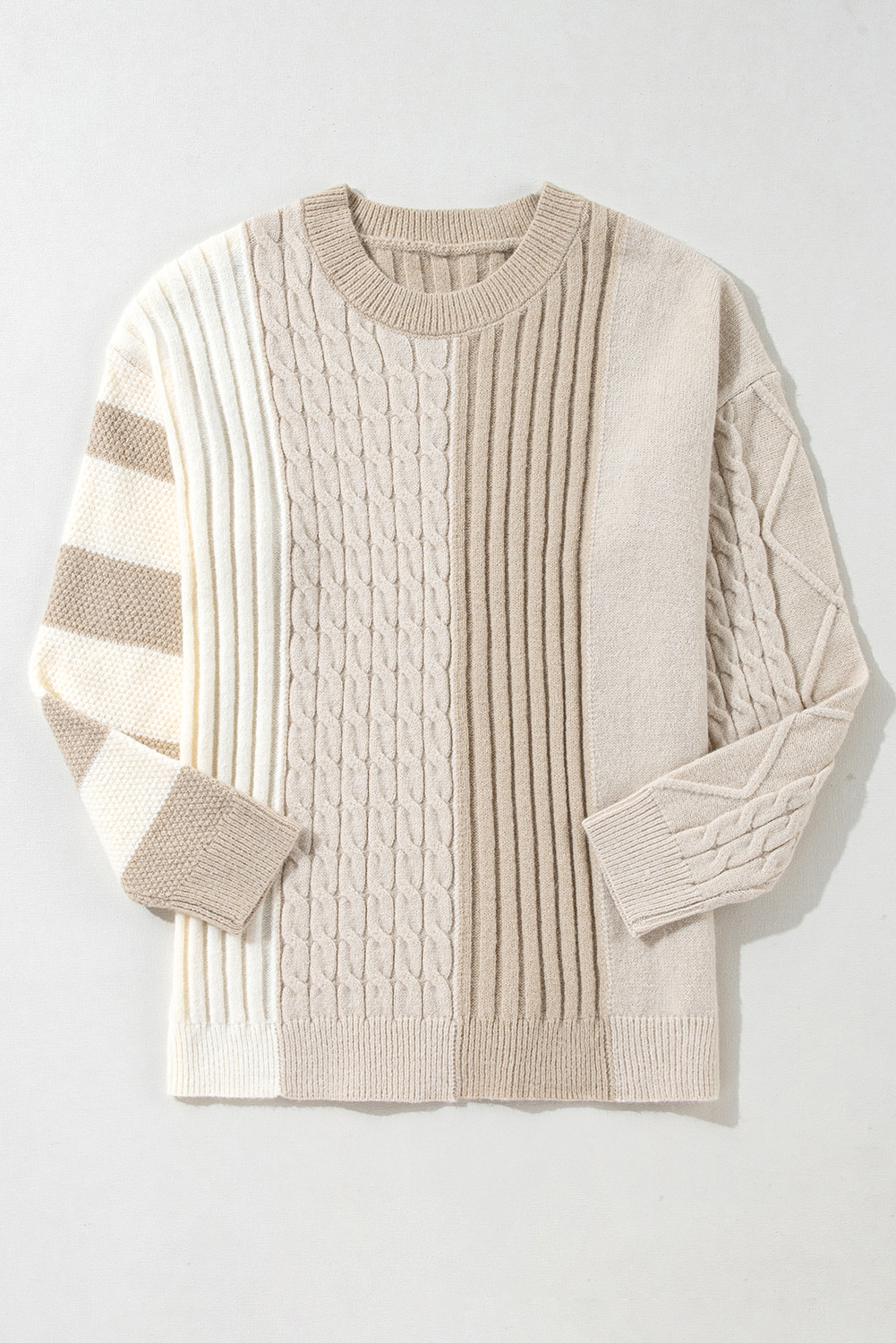 Khaki Cable Knit Colorblock Crew Neck Drop Shoulder Sweater - Image 5