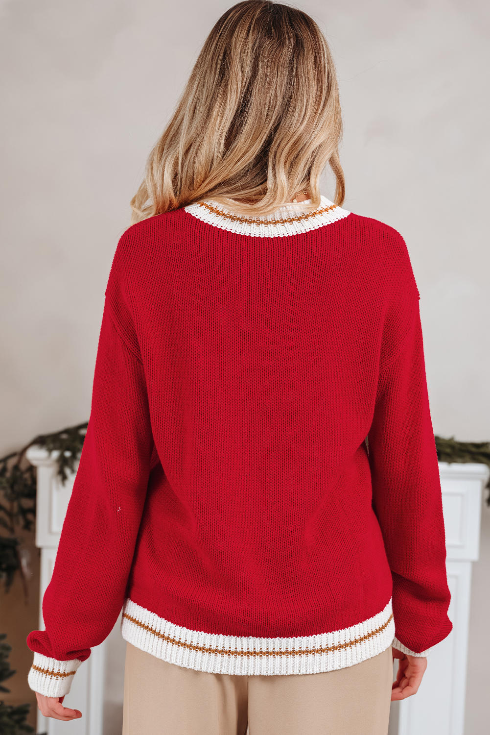 Fiery Red MERRY Color Block Edge Drop Shoulder Cozy Sweater - Image 2