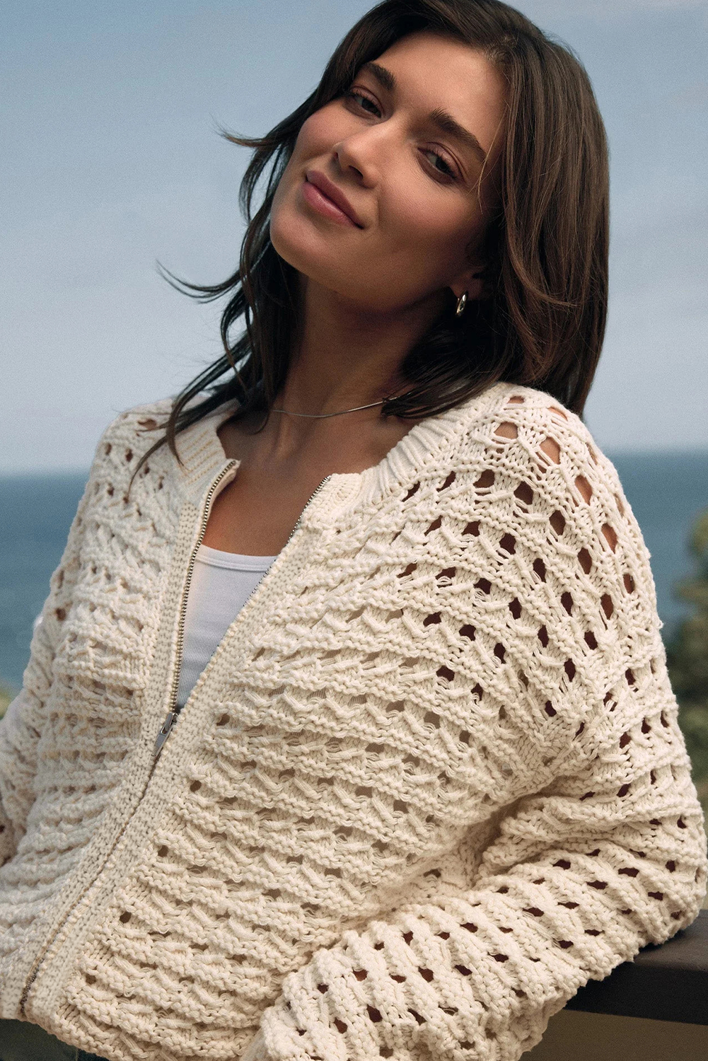 Beige Hollowed Pattern Knit Zip Up Drop Shoulder Sweater Cardigan - Image 6