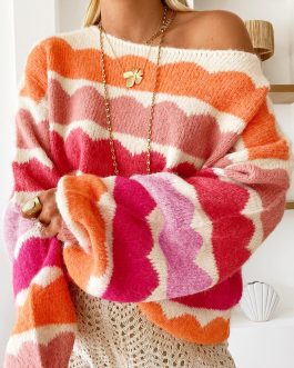 Rose Red Wave Striped Balloon Sleeve Drop Shoulder Sweater