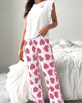 Pink Ruffled Tank Top And Heart Print Pants Lounge Set