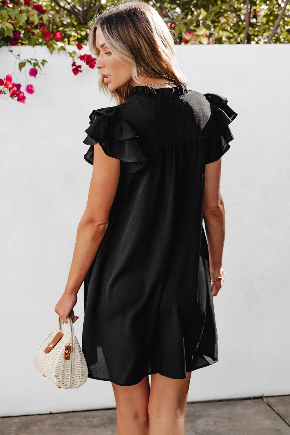 Black Ruffle Sleeve V Neck Frilled Shift Dress - Image 2