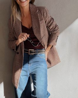 Brown Houndstooth Lapel Collar Blazer