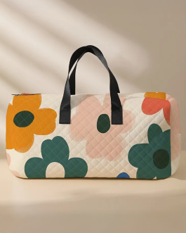 White Flower Print Quilted Large Duffel Bag