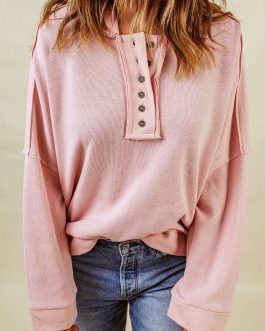 Pink Casual Button Solid Patchwork Trim Hoodie