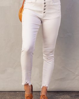 White Plain High Waist Buttons Frayed Cropped Denim Jeans