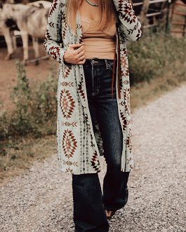 Brown Western Aztec Printed Open Front Long Cardigan