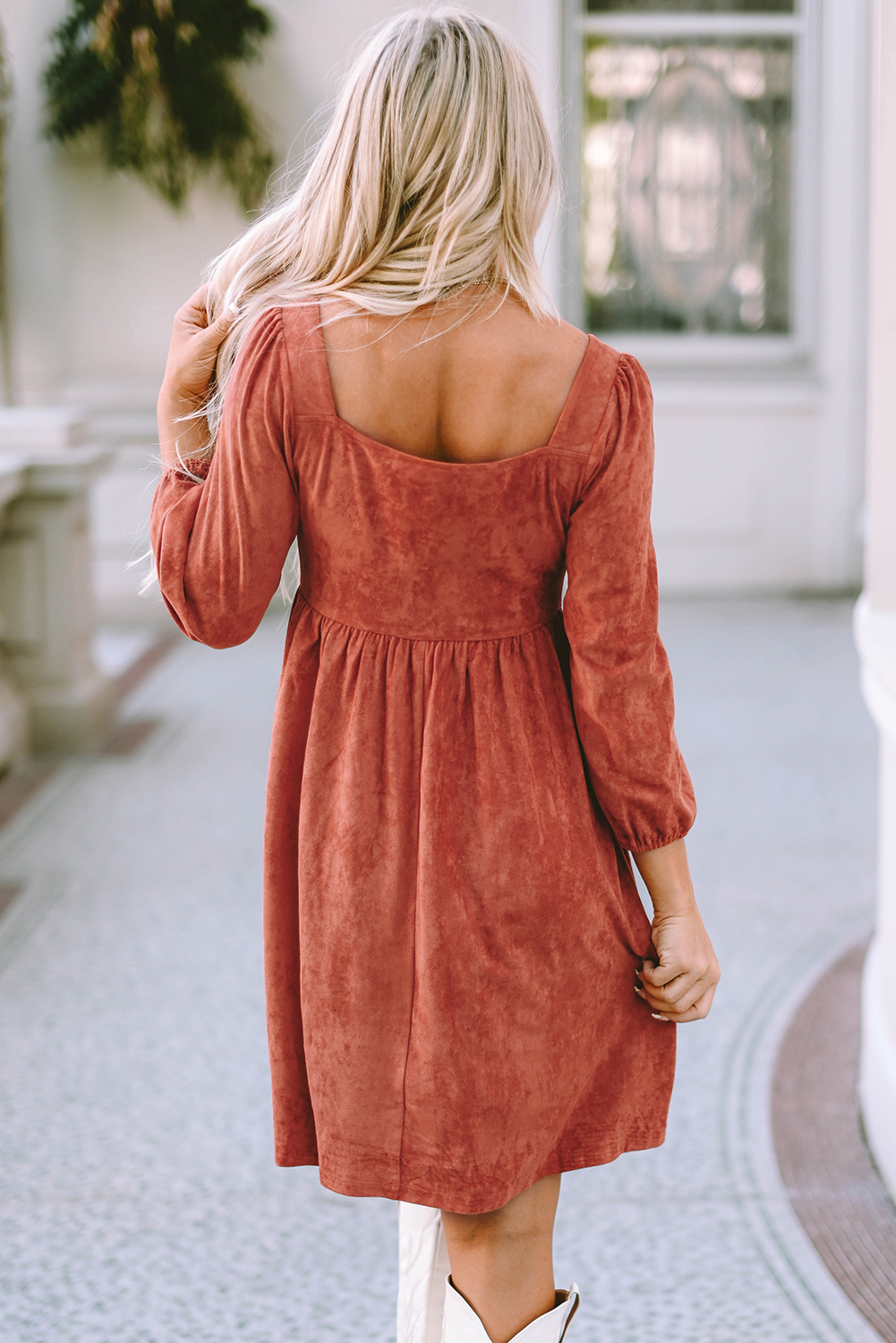 Brown Suede Square Neck Puff Sleeve Dress - Image 2