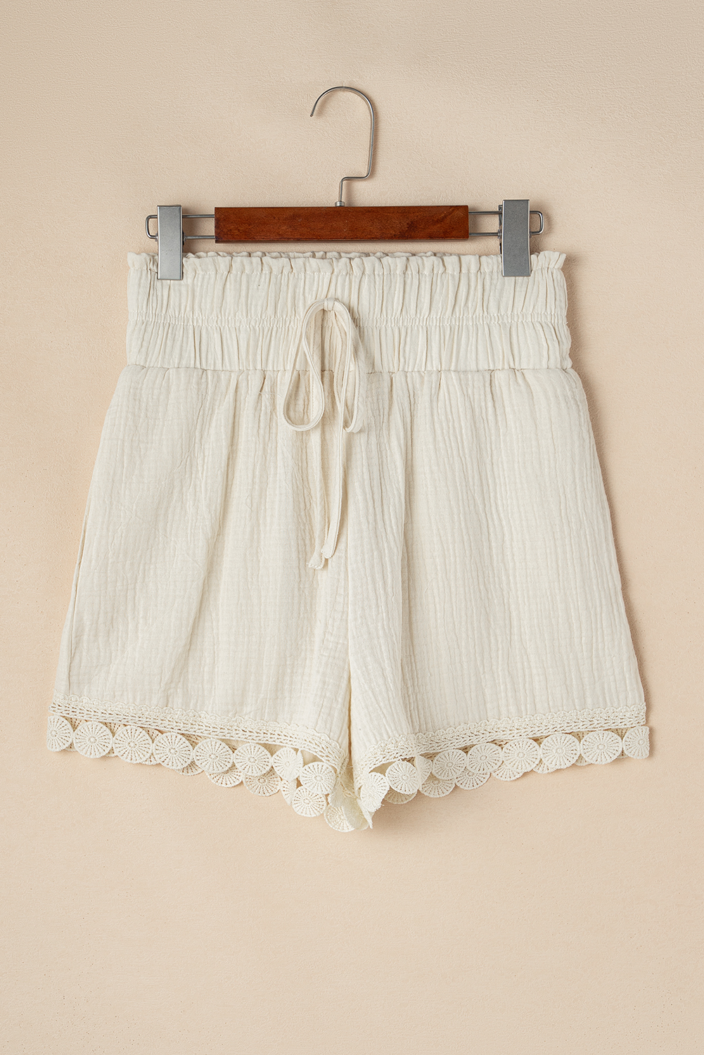 Apricot Textured Frilled Knotted High Waist Lace Hem Shorts - Image 5