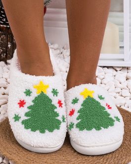 White Fuzzy Christmas Tree Pattern Home Slippers