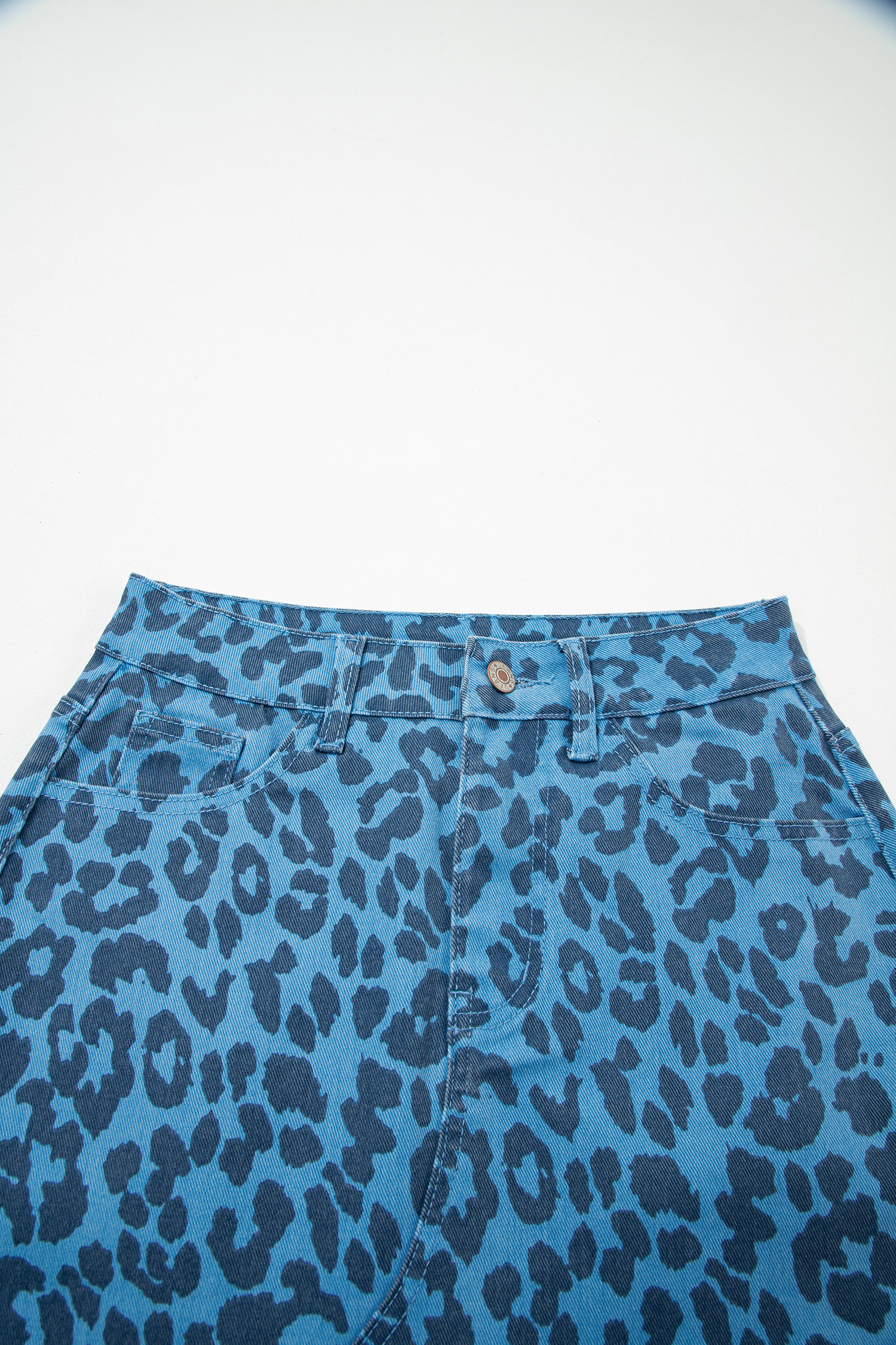 Sky Blue Leopard Denim Frayed Split Denim Midi Skirt - Image 9