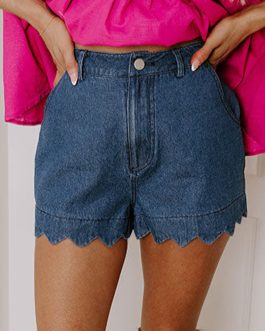 Sail Blue Scalloped Hemline Acid Wash High Waist Denim Shorts