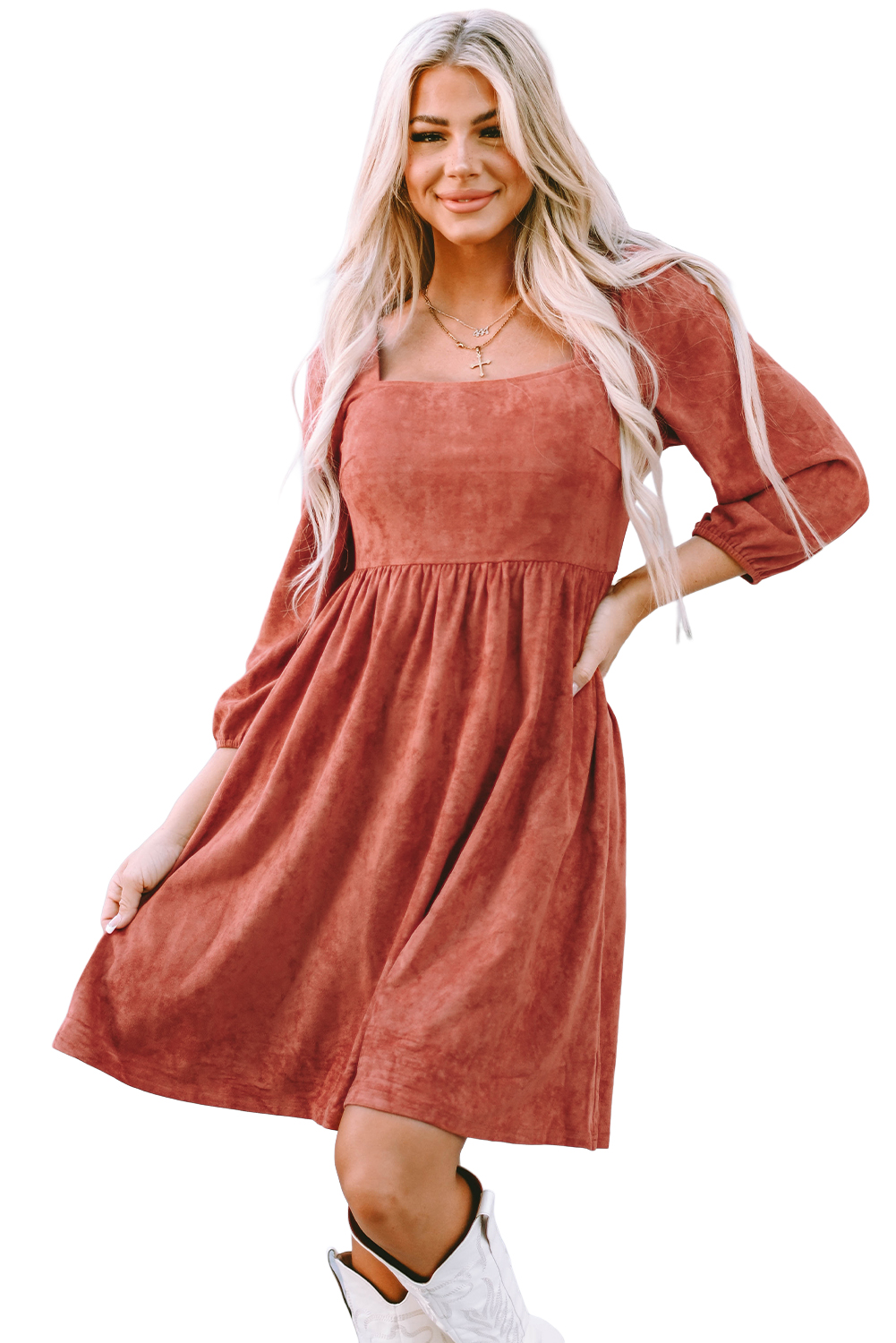 Brown Suede Square Neck Puff Sleeve Dress - Image 7