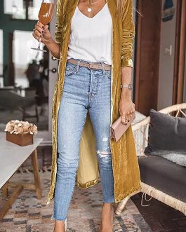 Yellow Velvet Open Front Pocketed Long Duster