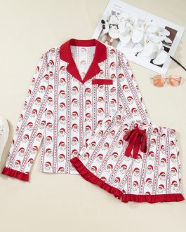 White Santa & Stripes Ruffle PJ Set