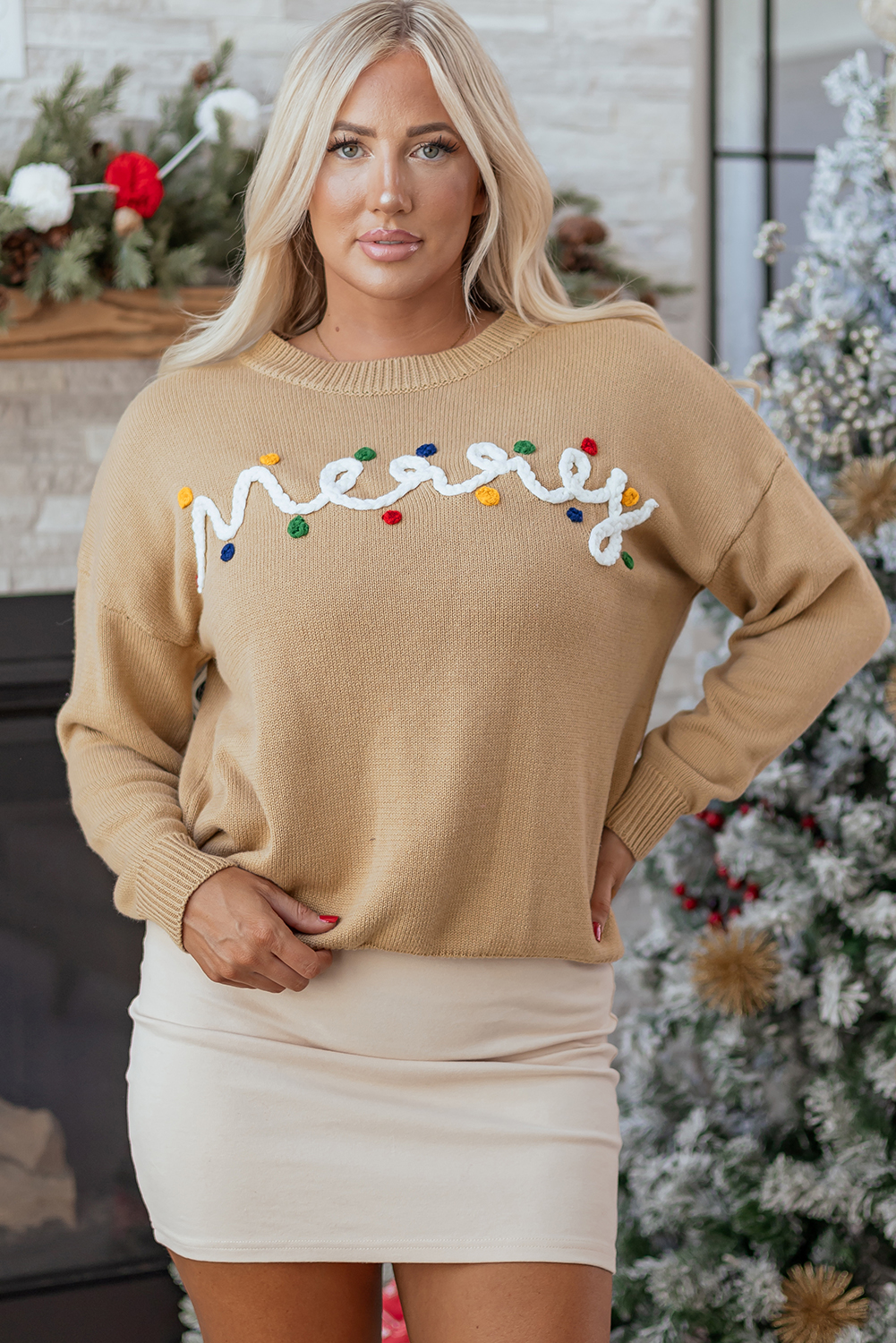 Smoke Gray Merry Colorful Dot Detail Christmas Drop Shoulder Sweater - Image 4