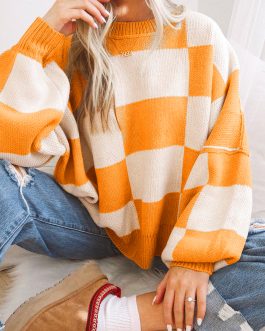 Orange Checkered Bishop Sleeve Sweater